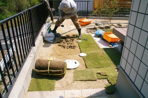 芝生とウッドデッキとハナミズキのある庭　廿日市市　Ⅰ邸